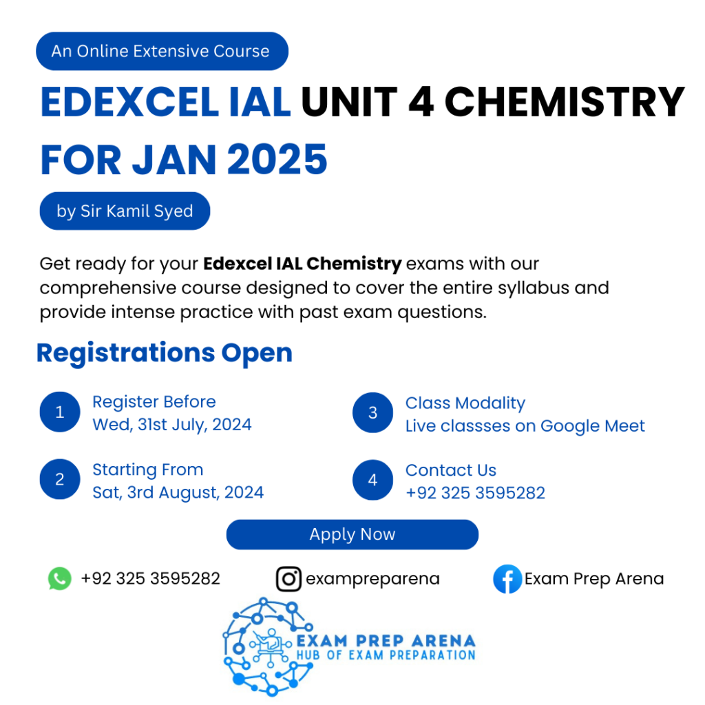 Let’s join an online Extensive Edexcel IAL Unit 1 Chemistry (WCH14) Course by Sir Kamil Syed starting from August 2024. The extensive session would cover entire syllabus with rigorous past paper practice. As a legacy of EPA, the session would start with a free orientation session.
